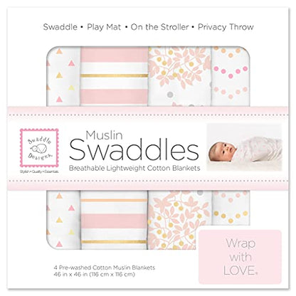  SwaddleDesigns Cotton Muslin Swaddle Blankets, Set Of 4, Pastel Pink Butterflies And Posies, 46x46 Inch (Pack Of 4)