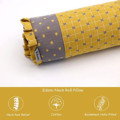  Edomi Buckwheat Neck Roll Pillow - Cervical Bolster Pillow Cylinder Lumbar Support Hard Round Side Sleeping Pillow For Shoulder Pain Buckwheat Hulls Fill (16x4 Inch, Yellow)