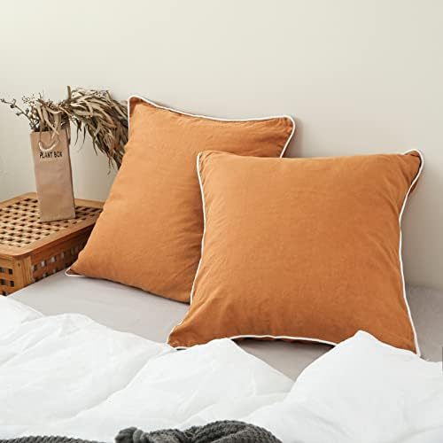 100% Linen Euro Shams With White Trim Inserted Edges 26x26 Inch Stone Washed Pillow Cover Set Of 2 Basic Style Cushion Covers,Rust