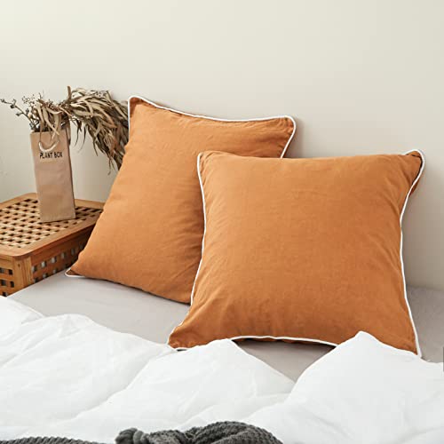  100% Linen Euro Shams With White Trim Inserted Edges 26x26 Inch Stone Washed Pillow Cover Set Of 2 Basic Style Cushion Covers,Rust