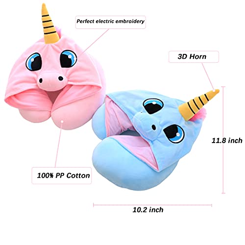  HOIIME Unicorn Travel Pillow With Hoodie,Adults & Kids Hooded Neck Pillow,Plush Animal U Shaped Cushion With Cute Sleep Mask For Airplane Travel (Blue)
