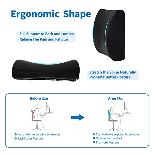  SAIREIDER Comfortable Lumbar Support Pillow For Office Chair, Memory Foam Back Support Pillows For Car、Gaming Chair、 Home Chair, Back Pain Relief Improve Posture, Double Adjustable Straps(Black)