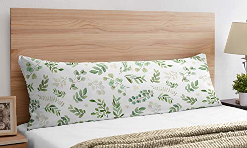 Floral Leaf Body Pillow Case Cover (Pillow Not Included) - Green And White Boho Watercolor Botanical Woodland Tropical Garden