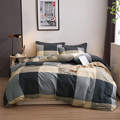  Cotton Full Queen Duvet Cover Simple Style Geometric Comforter Quilt & Pillow Protector Cover Sets 3 Pieces Khaki Black Beige Checkered Plaid Bedding Sets, 1 Queen Duvet Cover & 2 Pillow Shams
