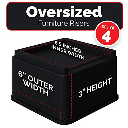  Oversized Bed Risers - Square, 3 Inch Lift, Heavy Duty, 4 Pack, Up To 6000lbs - Bed Raising Blocks, Furniture Risers - Safe, Sturdy Bed Lifts For College Dorm Rooms, Couches, Tables, Desks
