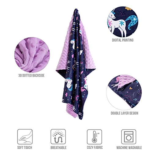  Bayceen Unicorn Print Minky Baby Purple Blanket For Girls, Double Layer Silky Soft Micro Fleece Baby Boy Blanket With Dotted Backing, Unicorn, 30x40'' BY003