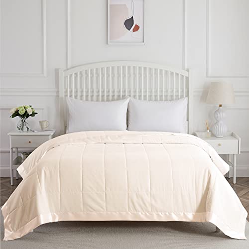  COMFLIVE Down Alternative Blanket With Satin Trim, Queen Size Blanket For Bed, Lightweight Blanket For All Seasons - Winter Summer Comfort Soft (Beige, Full/Queen)
