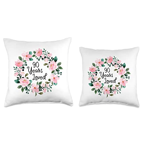  Mom Grandma 90th Birthday Gift Apparel Loved Men Women 90 Years Old Floral 90th Birthday Throw Pillow, 16x16, Multicolor