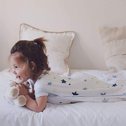  Molis & Co Toddler Sleeping Sack 2T, Breathable Muslin Baby Sleeping Bag 18-36 Months, 0.5 TOG Lightweight Unisex Toddler Wearable Blanket, Blue And Beige