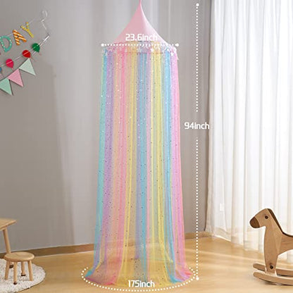  Rainbow Bed Canopy For Girls,Shiny Kids Princess Round Dome Bed Curtain With Star Moon Glitter,Kids Crib Canopy Play Tent Canopy Dreamy Bed Netting For Girls Bedroom Decor Children Reading Corners