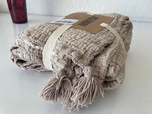  100% Cotton Muslin Throw Blanket, 4 Layers Bedspread, Soft Turkish Cotton Muslin Bed Cover, Reversible Coverlet, Mink (Two Pillowcase 20x30)
