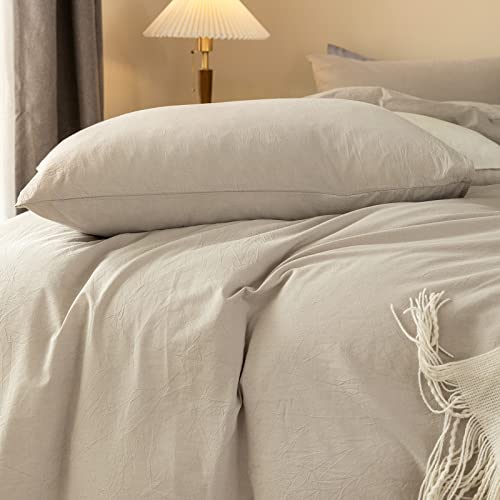 ELIMMO Duvet Cover Set Linen Texture 100% Cotton Fabric Durable Breathable Natural Dreamy Chic Feel (Beige Grey, Queen)