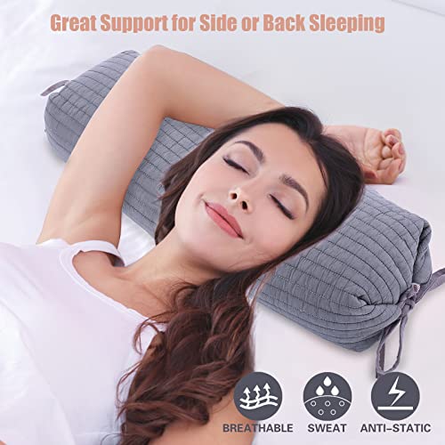  Adjustable Buckwheat Pillow With Washable Cotton Pillowcase, Neck Roll Pillow For Sleeping, Cylinder Cervical Pillow For Neck Pain Relief, Round Support Firm Buckwheat Husk Hull Pillows Grey