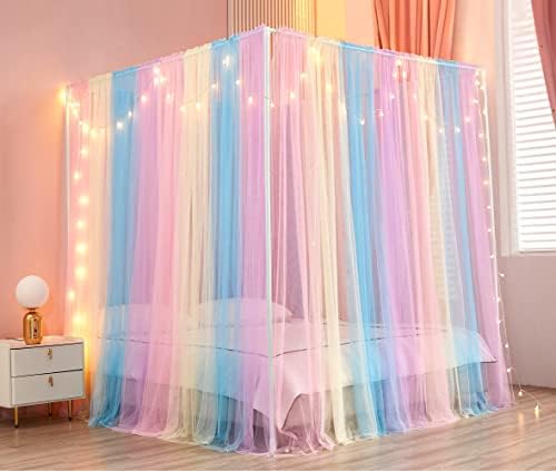  Princess Canopy Bed Curtains Bed Canopy Curtains With Lights For Queen Size Bed Drapes,8 Panels Canopies With 2 Lights,Room Décor (Full/Queen, White)
