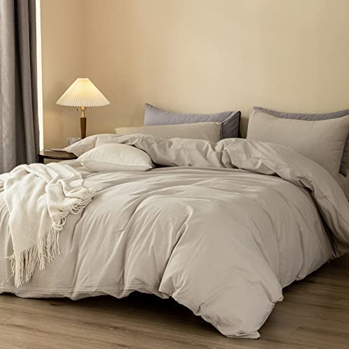  ELIMMO Duvet Cover Set Linen Texture 100% Cotton Fabric Durable Breathable Natural Dreamy Chic Feel (Beige Grey, Queen)