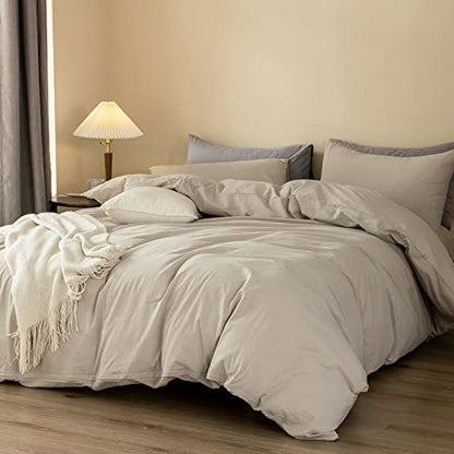  ELIMMO Duvet Cover Set Linen Texture 100% Cotton Fabric Durable Breathable Natural Dreamy Chic Feel (Beige Grey, Queen)