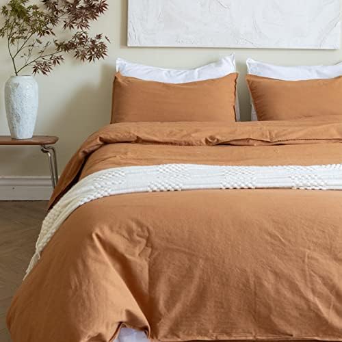  BISELINA French Linen Duvet Cover Set 3pcs With Hidden Zipper Closure Natural Flax Cotton Blend Solid Color Soft Breathable Luxury Farmhouse Bedding -King Size, White