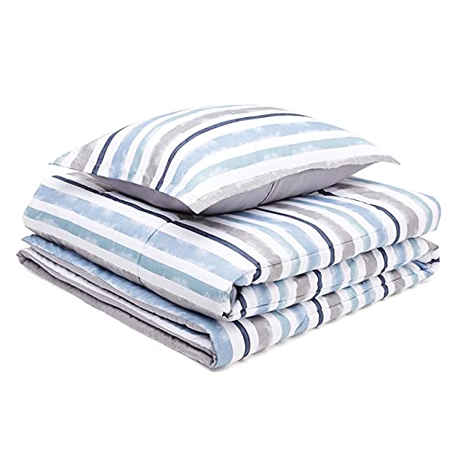  Amazon Basics Reversible Comforter Set, Twin / Twin XL, Blue Harbor Stripes, Microfiber, Ultra-Soft