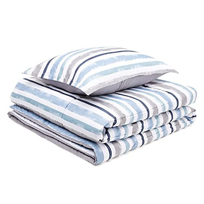  Amazon Basics Reversible Comforter Set, Twin / Twin XL, Blue Harbor Stripes, Microfiber, Ultra-Soft