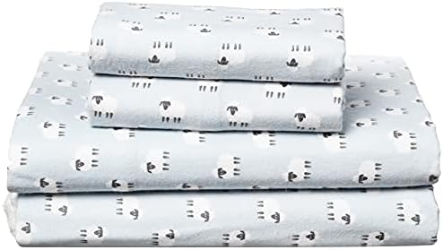  Flannel Sheet Set Cotton Soft Warm & Cozy Modern Chic With Elastic Deep Pockets, Queen, Sheep Light Blue