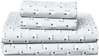  Flannel Sheet Set Cotton Soft Warm & Cozy Modern Chic With Elastic Deep Pockets, Queen, Sheep Light Blue