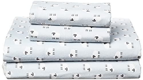  Flannel Sheet Set Cotton Soft Warm & Cozy Modern Chic With Elastic Deep Pockets, Queen, Sheep Light Blue