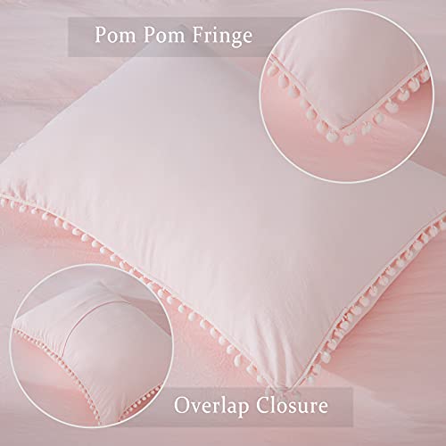  Pink Duvet Cover Queen Size, 3 Pieces Soft Washed Microfiber Duvet Cover Set With Boho Pom Pom Fringe, Pink, 90x90 Inches