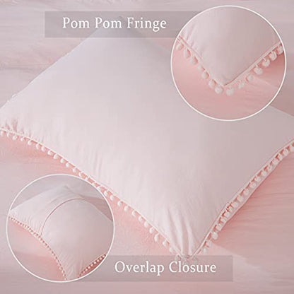  Pink Duvet Cover Queen Size, 3 Pieces Soft Washed Microfiber Duvet Cover Set With Boho Pom Pom Fringe, Pink, 90x90 Inches