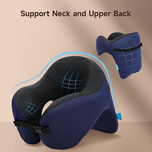  TripGood Neck Pillow For Travel - Extra Upper Back Support - Back Buckle Strap - Memory Foam Airplane Neck Pillow - Portable Travel Accessories - Blue