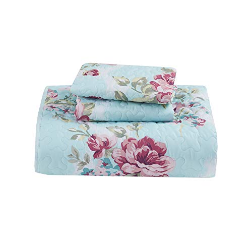  Comfort Spaces Reversible Quilt Set-Vermicelli Stitching Design All Season, Lightweight, Coverlet Bedspread Bedding, Matching Shams, King/Cal King (104 In X 90 In), Natalie Floral Blue 3 Piece