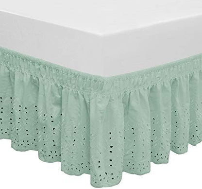  Wrap Around Elastic Eyelet Bed Skirts 14 1/2 Inches Drop Dust Ruffle Three Fabric Sides Easy On/Easy Off Adjustable Polyester Cotton(White Queen/King)