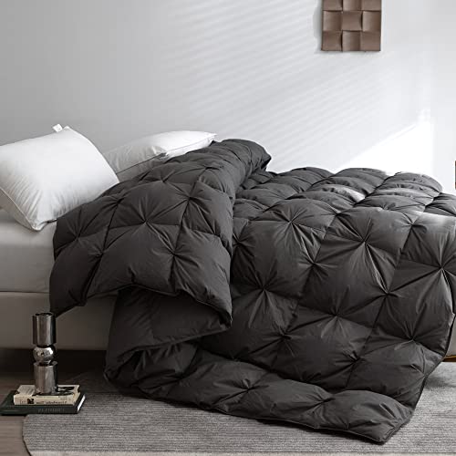  King Size Feather And Down Comforter, 82oz Filling Extra Warm & Thick Heavyweight Pinch Pleat Duvet Insert For Colder Winter, 100% Cotton Cover Fluffy Soft Bedding Comforter