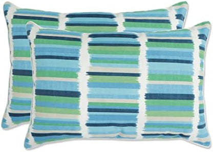  Pillow Perfect Stripe Outdoor Throw Accent Pillow, Plush Fill, Weather, And Fade Resistant, Small Lumbar - 11.5" X 18.5", Blue/Green Topanga, 2 Count