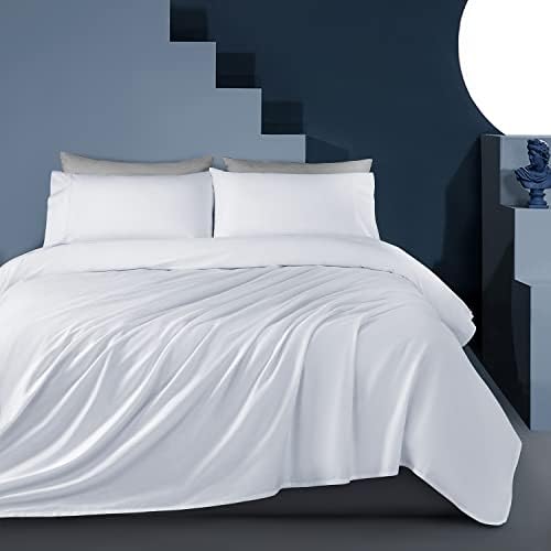  Shilucheng 100% Eucalyptus Sheets Queen Size, Lyocell Sheets Silk Cooling Bed Sheets Set,Silky Soft & Smooth, Breathable Tencel Queen Sheets Deep Pocket - 4PC, White
