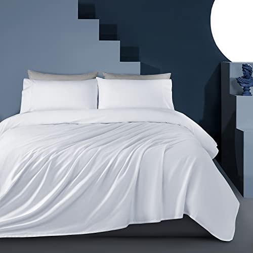  Shilucheng 100% Eucalyptus Sheets Queen Size, Lyocell Sheets Silk Cooling Bed Sheets Set,Silky Soft & Smooth, Breathable Tencel Queen Sheets Deep Pocket - 4PC, White