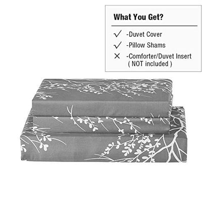  Lightweight Microfiber Duvet Cover Set, Grey And White Floral Branches Printed Pattern - King Size 3-Piece Set (1 Duvet Cover 2 Pillowcases)
