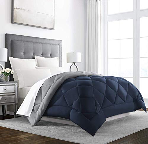  Sleep Restoration All Seasons Queen/Full Size Comforter - Reversible -  Cooling, Lightweight Summer Down Comforter Alternative - Hotel Quality Bedding Comforters - Navy/Sleet