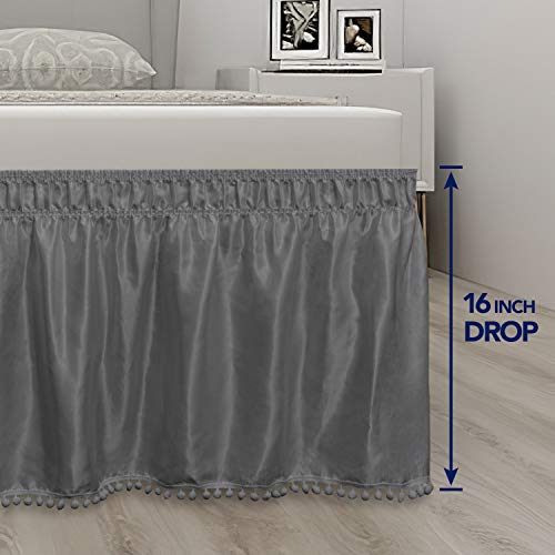  Satin Silk Pom Pom Wrap Around Bed Skirt With Adjustable Elastic Belt - 16 Inch Drop Easy To Put, Wrinkle Free Dust Ruffles, Bed Frame Cover For Twin, Twin XL And Full Size Beds, Dark Gray