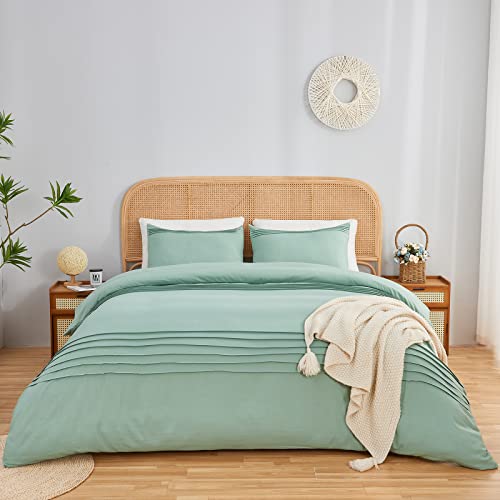  Sage Green Duvet Cover King Size Pleated Duvet Cover Set Soft Microfiber With 2 Pillowcases Zipper Closure Bedding Set (Sage Green, 104"x90")