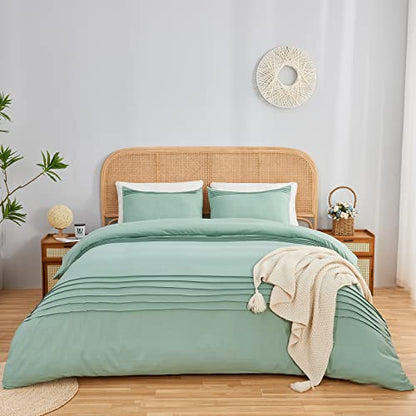  Sage Green Duvet Cover King Size Pleated Duvet Cover Set Soft Microfiber With 2 Pillowcases Zipper Closure Bedding Set (Sage Green, 104"x90")