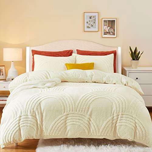  Oli Anderson Fluffy Duvet Cover Set, Faux Fur Rainbow Tufted Duvet Covers Queen Size, 3 Pieces Ultra Soft Warm Plush Comforter Cover Set, Ivory (1 Duvet Cover + 2 Pillowcases)