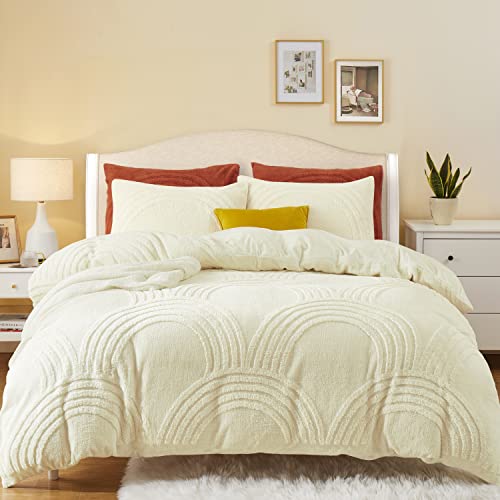  Oli Anderson Fluffy Duvet Cover Set, Faux Fur Rainbow Tufted Duvet Covers Queen Size, 3 Pieces Ultra Soft Warm Plush Comforter Cover Set, Ivory (1 Duvet Cover + 2 Pillowcases)