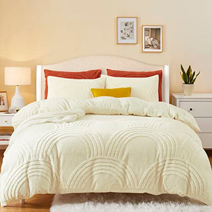  Oli Anderson Fluffy Duvet Cover Set, Faux Fur Rainbow Tufted Duvet Covers Queen Size, 3 Pieces Ultra Soft Warm Plush Comforter Cover Set, Ivory (1 Duvet Cover + 2 Pillowcases)