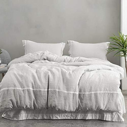  Simple&Opulence 100% Linen Duvet Cover Set Comforter King Size (104" X 92")-3pcs French Washed Flax Textured Soft Bedding With Striped Detail, 1 Duvet Cover And 2 Pillowcases (Grey)