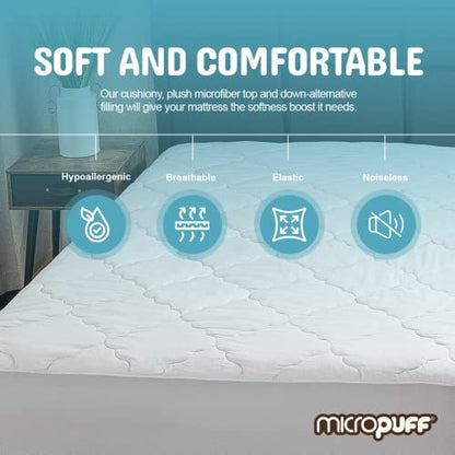  Icropuff Twin XL Mattress Pad Dorm XL Mattress Cover, Ultra Soft Down Alternative Fiber Fill, Twin Extra Long Size 39x80 - Fitted Sheet Stretches To 15 Inches Deep