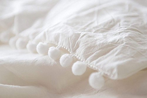  White Pom Pom Duvet Cover Fringed Cotton Cover Full Queen, 86“x90”
