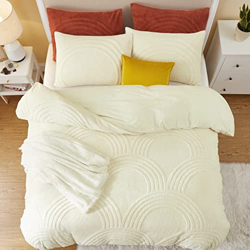  Oli Anderson Fluffy Duvet Cover Set, Faux Fur Rainbow Tufted Duvet Covers Queen Size, 3 Pieces Ultra Soft Warm Plush Comforter Cover Set, Ivory (1 Duvet Cover + 2 Pillowcases)