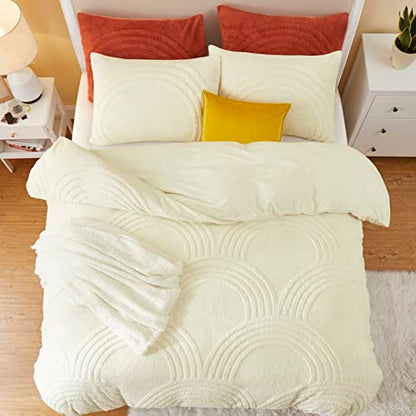  Oli Anderson Fluffy Duvet Cover Set, Faux Fur Rainbow Tufted Duvet Covers Queen Size, 3 Pieces Ultra Soft Warm Plush Comforter Cover Set, Ivory (1 Duvet Cover + 2 Pillowcases)