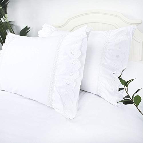  Eyelet Pillow Shams Ruffled King Bright White Shabby Chic Lace Set Of 2 Double Layered Ruffle Farmhouse Pillowcases Country French Cottage Embroidered Floral Victorian Pretty Elegant Trim 20x36