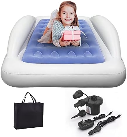  Inflatable Toddler Travel Bed - Portable Toddler Bed For Kids, Camping Air Mattress Blow Up Toddler Bed With Sides, Air Bed Idea For Sleeping Indoor Road Trip Camping Sleepovers(Blue)